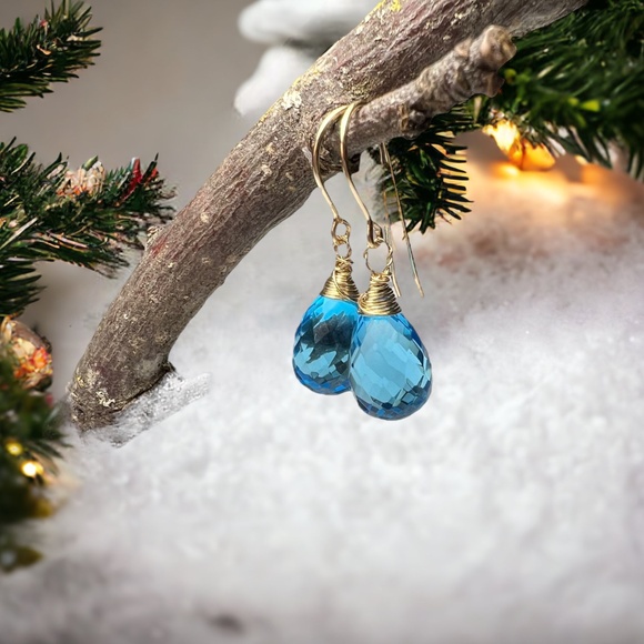 Swiss Blue Topaz Earrings Handcrafted 14k Gold Filled  , December Birthstone - Picture 2 of 8